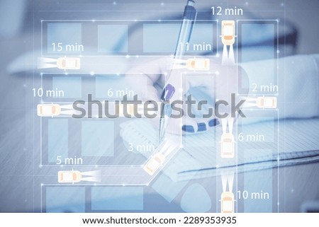 Tech autopilot theme hologram over woman's hands taking notes background. Concept of hightech. Double exposure Royalty-Free Stock Photo #2289353935