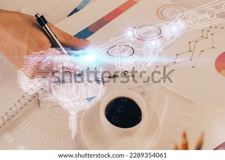 Man's hands with atificial intelligence double exposure icon. Concept of computer learning.