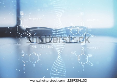 DNA drawing with glasses on the table background. Concept of bioengineering. Double exposure.