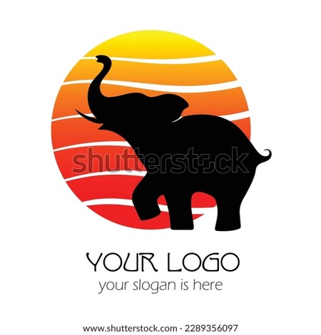 The silhouette of an elephant against the background of the red sun. Simple logo for design.