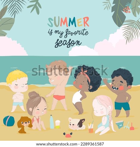 Kids sunbath swimming in the Sea at Summer Children's Camp on Sea Beach Shores. Vector Illustration