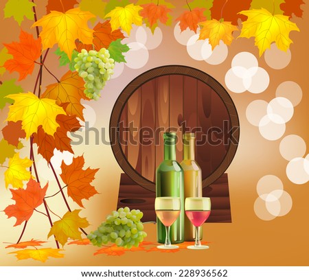 Banner with a barrel of wine in bottles and glasses