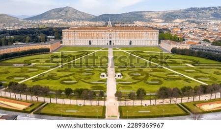 Aerial view of the Royal Palace of Caserta also known as Reggia di Caserta. It is a former royal residence with large gardens in Caserta, near Naples, Italy. It is the main facade of the building. Royalty-Free Stock Photo #2289369967