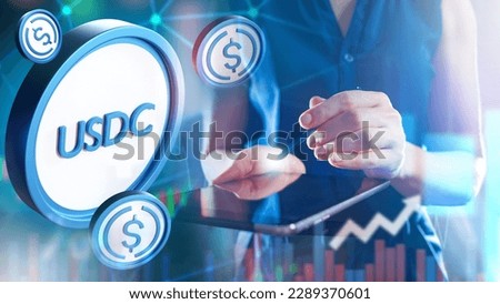 USDc coin. Hands of cryptocurrency trader. Woman with tablet. Investing in USDc. Trading with digital dollar. Blockchain stablecoin. USDc exchange rate. Digital money. USD coin. Online payments Royalty-Free Stock Photo #2289370601