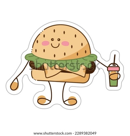 Sticker with cute burger character. Cartoon vector color illustration.