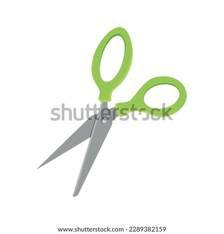 Scissors cartoon. Open scissor with green handle isolated on white background. Vector illustration.