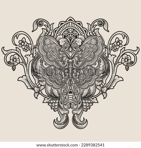 Illustration vector butterfly tribal stylize with vintage engraving ornament in back perfect for your merchandise and T shirt