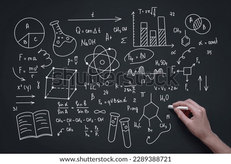 Blackboard with hand written scientific formulas and math calculations. Science and education concept Royalty-Free Stock Photo #2289388721