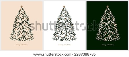 Merry Christmas Vector Card. Christmas Tree with Gold Baubles Isolated on a Beige,White and Dark Green Background.Vintage Style Christmas Prints. Winter Holidays Illustration with Decorative Fir Tree.