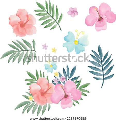 Tropical Summer Flower And Leafs Clip art Watercolor Vector 