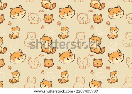 Cute Kawaii Cats or kittens in funny poses vector seamless pattern. Funny cartoon fat cats for print or sticker design. 
