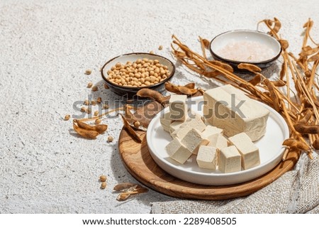 Fresh Tofu cheese with soybeans. Cube pieces, healthy ingredient for vegan lifestyle, modern stand, trendy hard light, dark shadow. Plaster background, flat lay, copy space Royalty-Free Stock Photo #2289408505