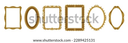 Realistic picture frames. Empty gold museum borders. Golden photo antique ornate. Victorian royal ornaments. Luxury rococo art. Oval and square decorative frameworks. Vector exact set Royalty-Free Stock Photo #2289425131