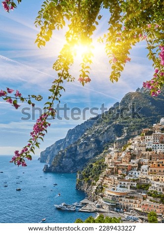 Panoramic view of Positano with comfortable beaches and blue sea on Amalfi Coast in Campania, Italy. Amalfi coast is popular travel and holyday destination in Europe. Royalty-Free Stock Photo #2289433227