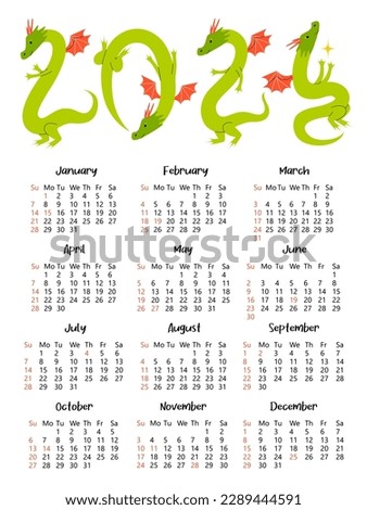 Calendar 2024 with cute dragon. Page with 12 months. Green wooden dragon character mascot symbol year. Week starts on Sunday. For size A4, A5, A3.