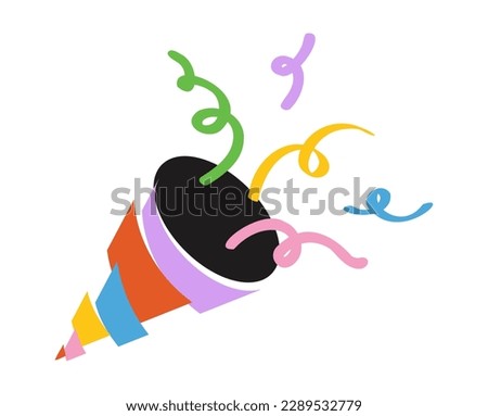 Exploding party popper. Firecracker with colorful streamers. Hand drawn petard. Birthday, event, holiday symbol. Vector illustration isolated on white background