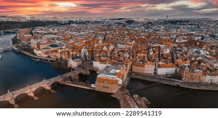 Scenic spring panoramic aerial view of the Old Town pier architecture and Charles Bridge over Vltava river in Prague, Czech Republic Royalty-Free Stock Photo #2289541319