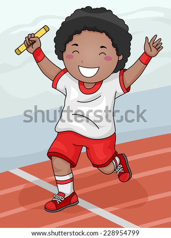 Illustration Featuring a Boy Winning the Relay Race for His Team