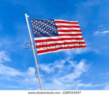 Flag on American flag pole and blue sky, Flag of American fluttering in blue sky big national symbol. Waving dark blue and red white American flag, Independence Constitution Day.