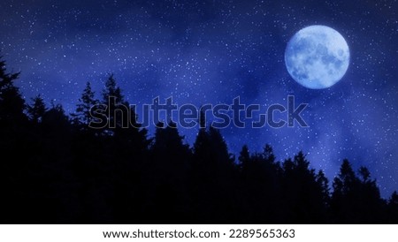 Cold Starry Night in the Mountains with a Full Moon features the silhouette of pine trees on the side of a mountain with glittering stars above and clouds moving across a full moon.