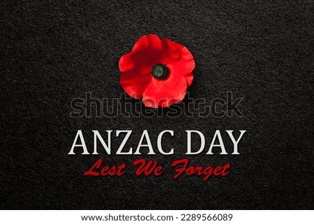 The remembrance poppy - poppy appeal. Poppy flower on black textured background with text. Decorative flower for Anzac Day in New Zealand, Australia, Canada and Great Britain. Royalty-Free Stock Photo #2289566089
