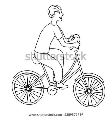 Man traveling on bike, healthy and sport lifestyle concept, flat vector outline for coloring book