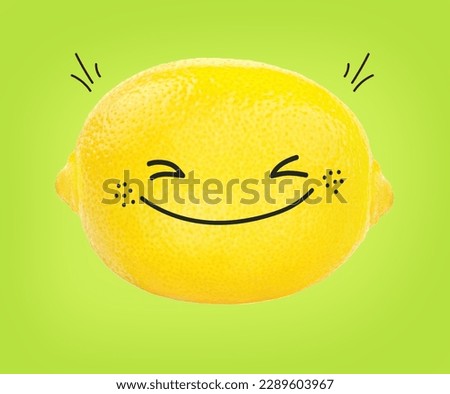 Lemon character smiling concept. Fresh lemon fruits on green background. Funny lemon character