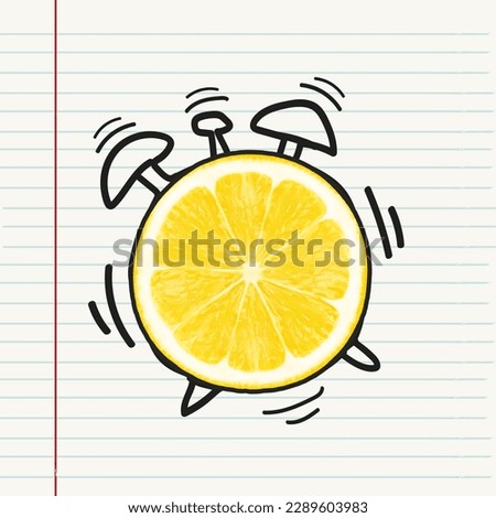 Creative alarm clock citrus fruit lemon on notebook background. education concept