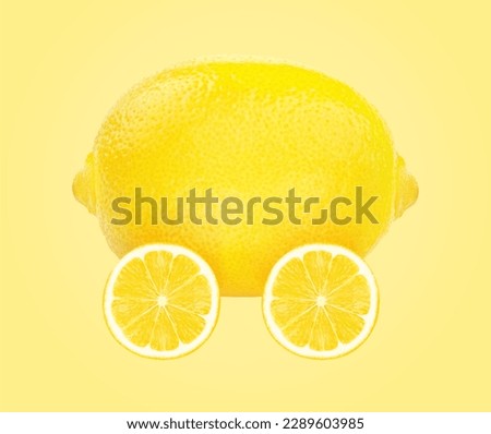 Lemon car concept, car with wheels made of lemon isolated on light yellow background