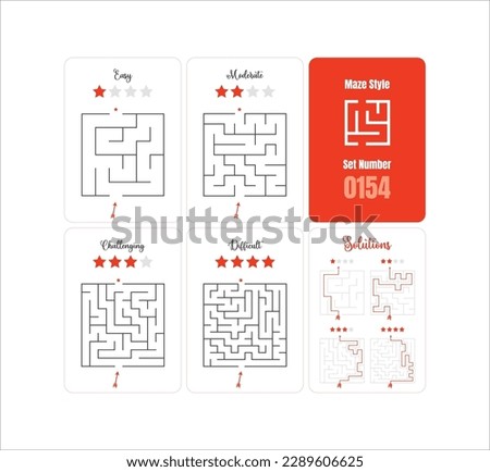 Set of 4 Square Mazes game puzzle printable for kids at varying levels of difficulty from easy to difficult with solutions - classic labyrinth ready for print- Vector - Set 0154 Royalty-Free Stock Photo #2289606625