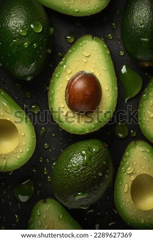 Creative food concept. Fresh avocados avocado green adorned with glistening water droplets seamless. mock up. view. top. flat lay Royalty-Free Stock Photo #2289627369