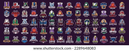 Mega set of sports logos. Vector sport emblems soccer, basketball, cricket, hockey, baseball, american football, tennis, rugby, soccer, golf, lacrosse, bowling, billiards, balls, sticks, bats