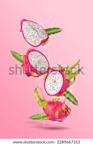 Creative layout made from Dragonfruit or Pitaya and Water splashing on a pink background