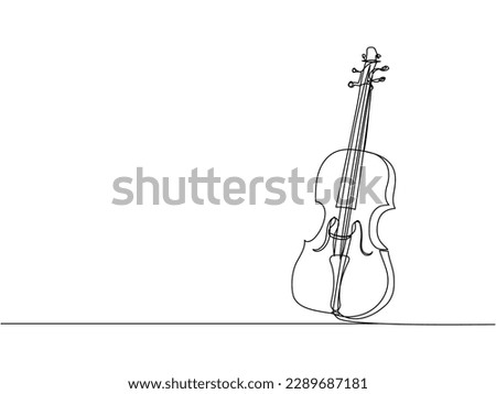 Violin one line art. Continuous line drawing of musical, melody, violin, vintage, music, retro, symphonic, orchestra, playing, instrument, fiddle, viola, symphony, cello, musician, string. Royalty-Free Stock Photo #2289687181