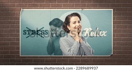 No stress inspirational vintage advertisement poster with woman smiling and improving her mood Royalty-Free Stock Photo #2289689937