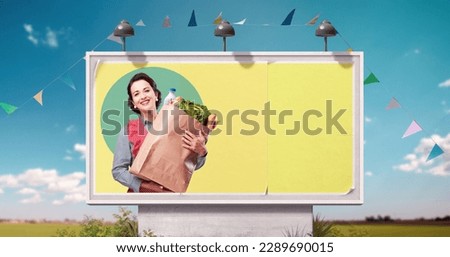 Vintage style grocery shopping advertisement on billboard with happy housewife holding a bag full of groceries