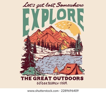 Outdoor at the mountain retro print design for t shirt and others. Camping beside of lake graphic artwork. Explore more print design.