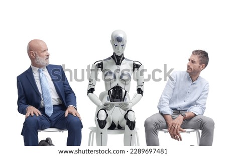Disappointed job applicants sitting in the waiting room and staring at the AI robot candidate, they are waiting for the job interview Royalty-Free Stock Photo #2289697481
