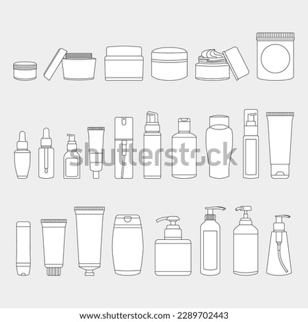 Variety of skincare packaging plastic bottles flat icon illustration set pack - makeup, serum, cream, lotion, shampoo, conditioner, scrub, body wash, facial, soap, sunscreen, etc. Royalty-Free Stock Photo #2289702443