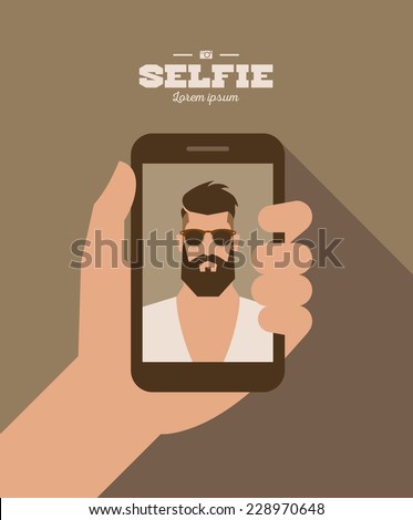 flat cartoon bearded hipster character taking selfie photo on smart phone, vector illustration with hand , mobile phone , man
