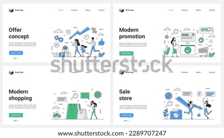 Online shopping and modern store advertising set vector illustration. Cartoon tiny people with bags run out to buy gifts when prices drop and discounts on sale, customers give likes to shop app