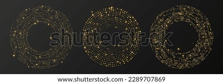 Abstract gold glowing halftone dotted background. Set of three gold glitter patterns in circle form. Circle halftone dots. Vector illustration Royalty-Free Stock Photo #2289707869