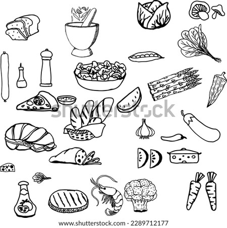 Hand drawn set of healthy food ingredient doodles in vector
