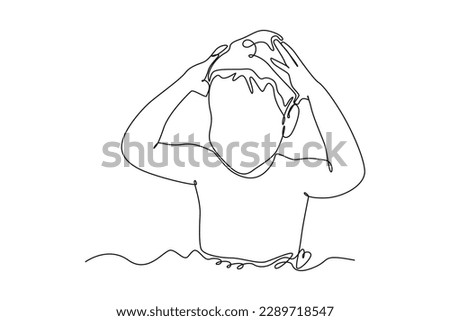 Single one line drawing happy boy washing his hair. Bathroom activities concept. Continuous line draw design graphic vector illustration.
