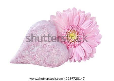 Decoration pink love heart with Gerbera isolated on white background 
