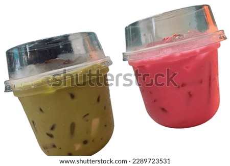 Green Tea and Pink Milk popular sweet drink in summer in Thailand, isolated on a white background.no focus
