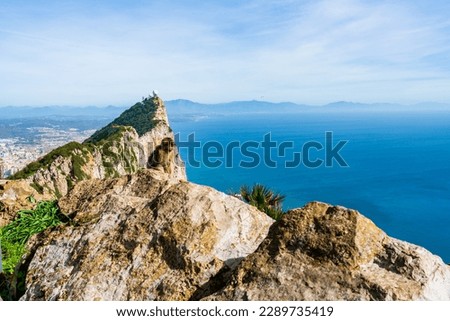 View of the Rock of Gibraltar and Spain across Bay of Gibraltar from the Upper Rock. UK