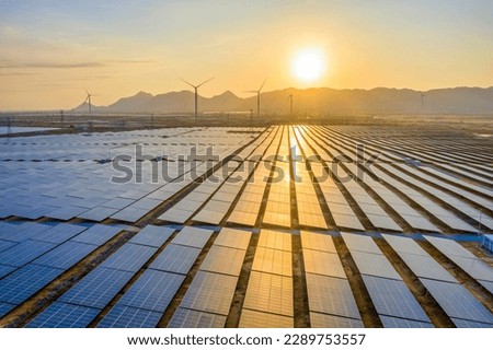 Aerial view of Solar panel, photovoltaic, alternative electricity source - concept of sustainable resources on a sunny day, Phuoc Diem, Ninh Thuan, Vietnam