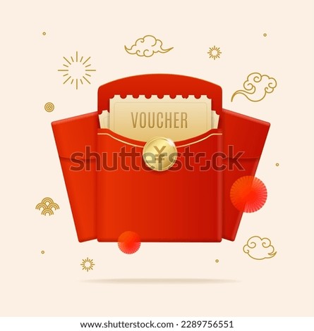 Realistic Detailed 3d Chinese Red Packet or Envelope Concept Present Money and Monetary Value Voucher with Decor Elements. Vector illustration