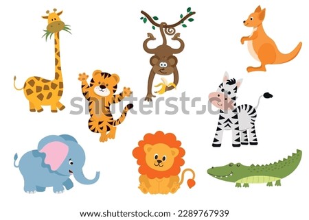kids safari animals set. Cute baby animals: giraffe, tiger, elephant, monkey, kangaroo, lion, zebra, crocodile. Vector illustration for designs, prints, patterns. Isolated on white background